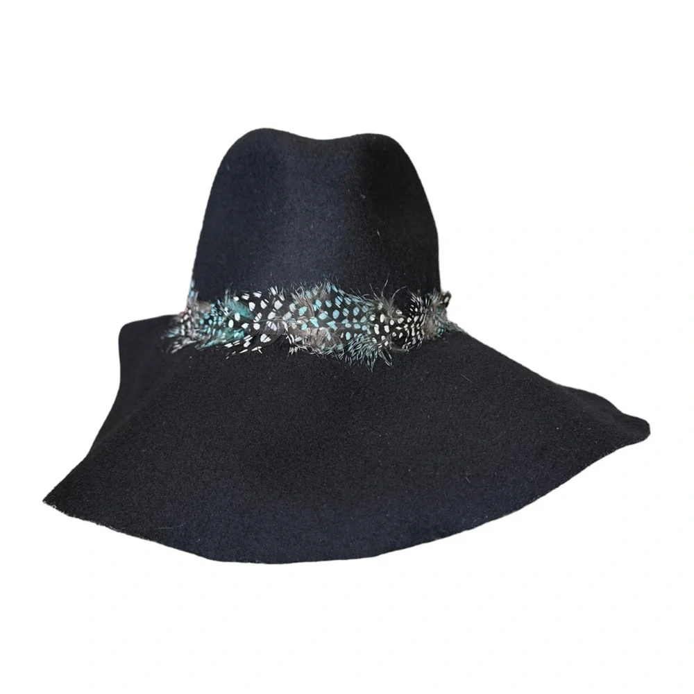 American Eagle Women’s Boho Wide Brim Floppy Hat Black 100% Wool Feather Trim